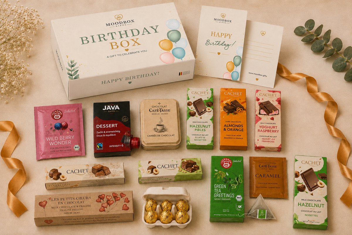 Luxe verjaardagscadeaubox – Belgische chocolade, koffie, thee & lekkernijen – Gepersonaliseerde wenskaart – Moodbox Gifts – Birthday Box Prestige