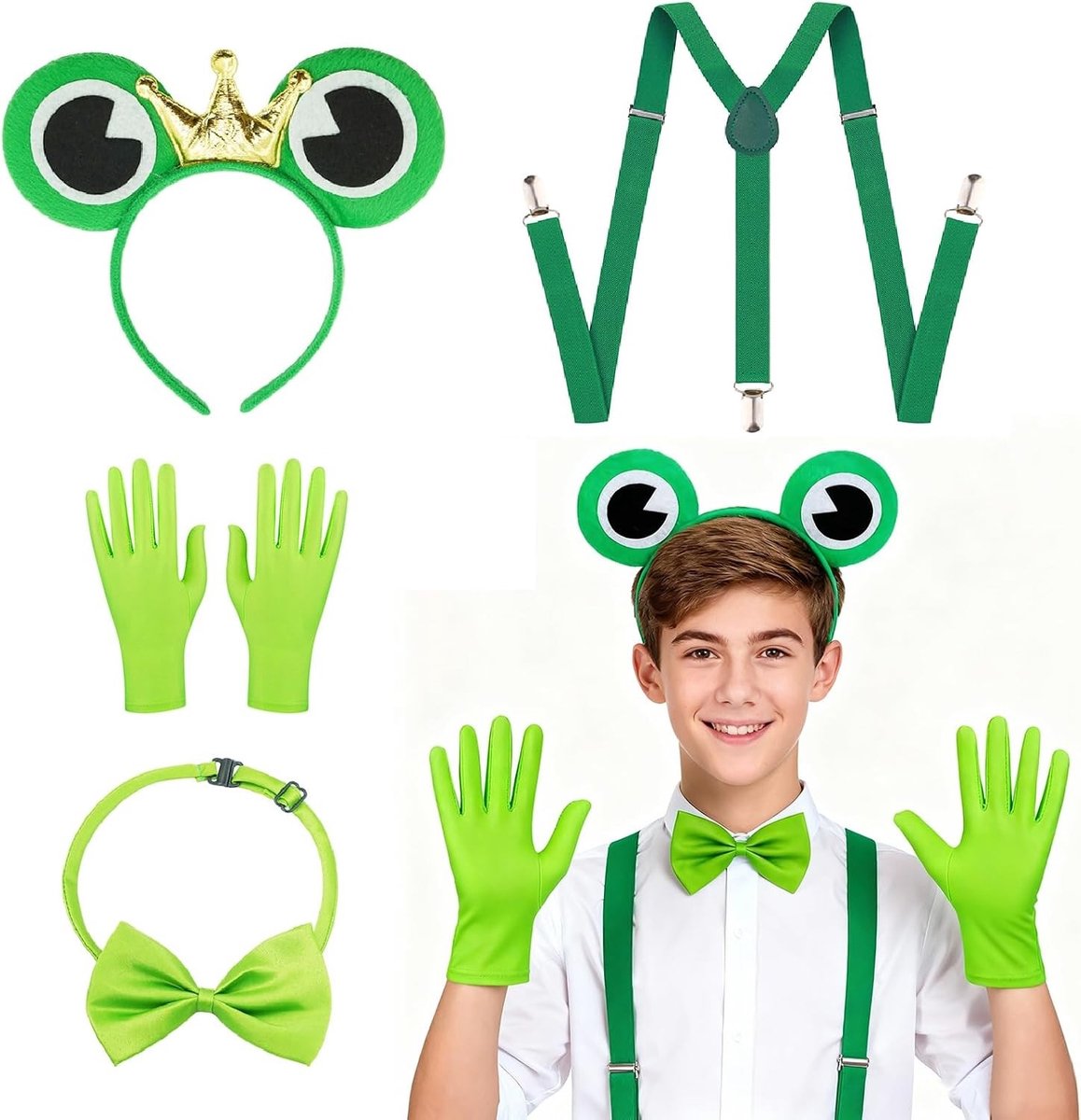 Carnaval kostuum voor volwassenen en kinderen met kikker hoofdband, strik, handschoenen en bretels voor themafeesten