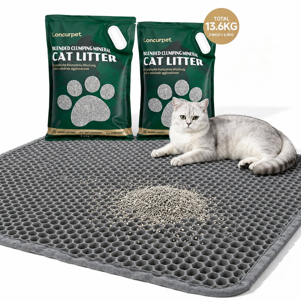 Loncurpet Kattenbakmat - 60x40cm - Kattenbak mat Met Natuurlijk Ruw Erts Kattenbakvulling - Grijs Katten grit opvanger - Waterdicht - Honingraatstructuur - Uitloopmat - Katten Grit Opvanger - Katten Mat