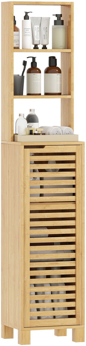 Smal badkamerkastje-hoog kastje met 3 open planken-verstelbare planken-deur met lamellen-34 x 30 x 170 cm-natuurlijke afwerking