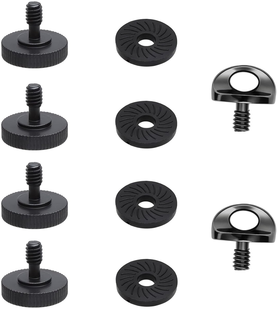 6-delige 1/4 inch schroefset voor camera's, inclusief statiefschroeven, duimschroeven met D-ring en rubberen pad, voor snelle montage en camera-accessoires.
