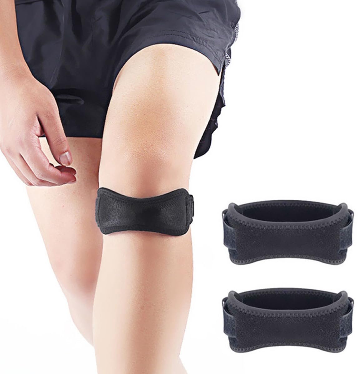 Patellaband - kniebrace met siliconen drukpunten - geschikt voor springknie en hardloopknie - bruikbaar voor linker‑ en rechterknie - verstelbaar one‑size - zwart