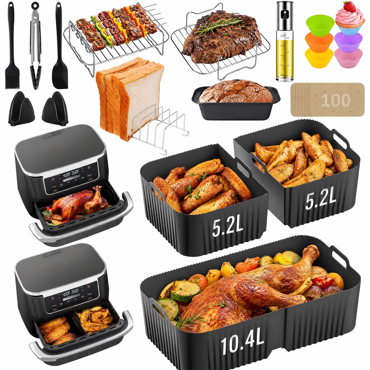 Airfryer Accessoires Set voor Ninja Foodi FlexDrawer AF500EU/AF500EUCP - 1 Siliconen Bakvorm 10,4 L en 2 Bakvormen 5,2 L - Met Grillroosters, Bakblik, Keukengerei, Muffinvormpjes en Papieren Inlegvellen - Voor Bakken en Grillen - Zwart