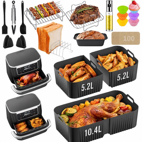 Set van zwarte airfryer accessoires: bakvormen, grillroosters, keukengerei en muffinvormpjes.