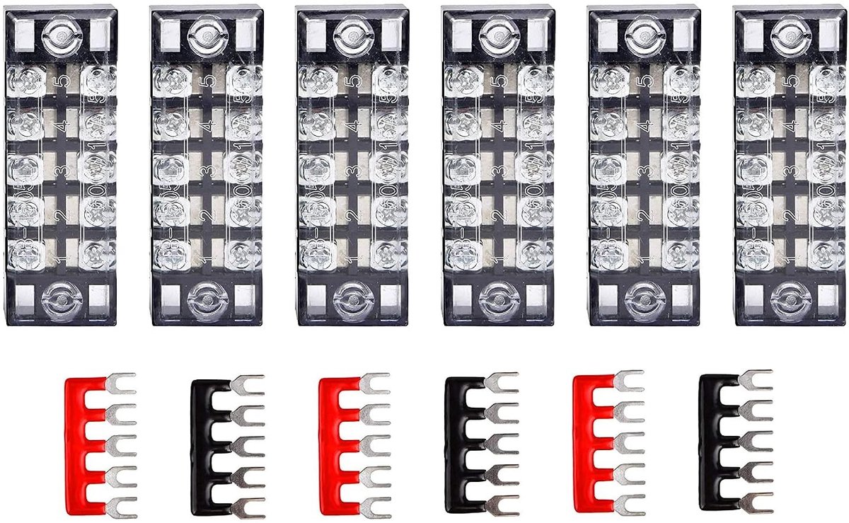 6 Stuks Schroefklem 5 Positie Dubbele Rij + 6 Stuks Rode en Zwarte Terminal Barrier Strip Voorgeïsoleerde Terminal Strip 5 Positie