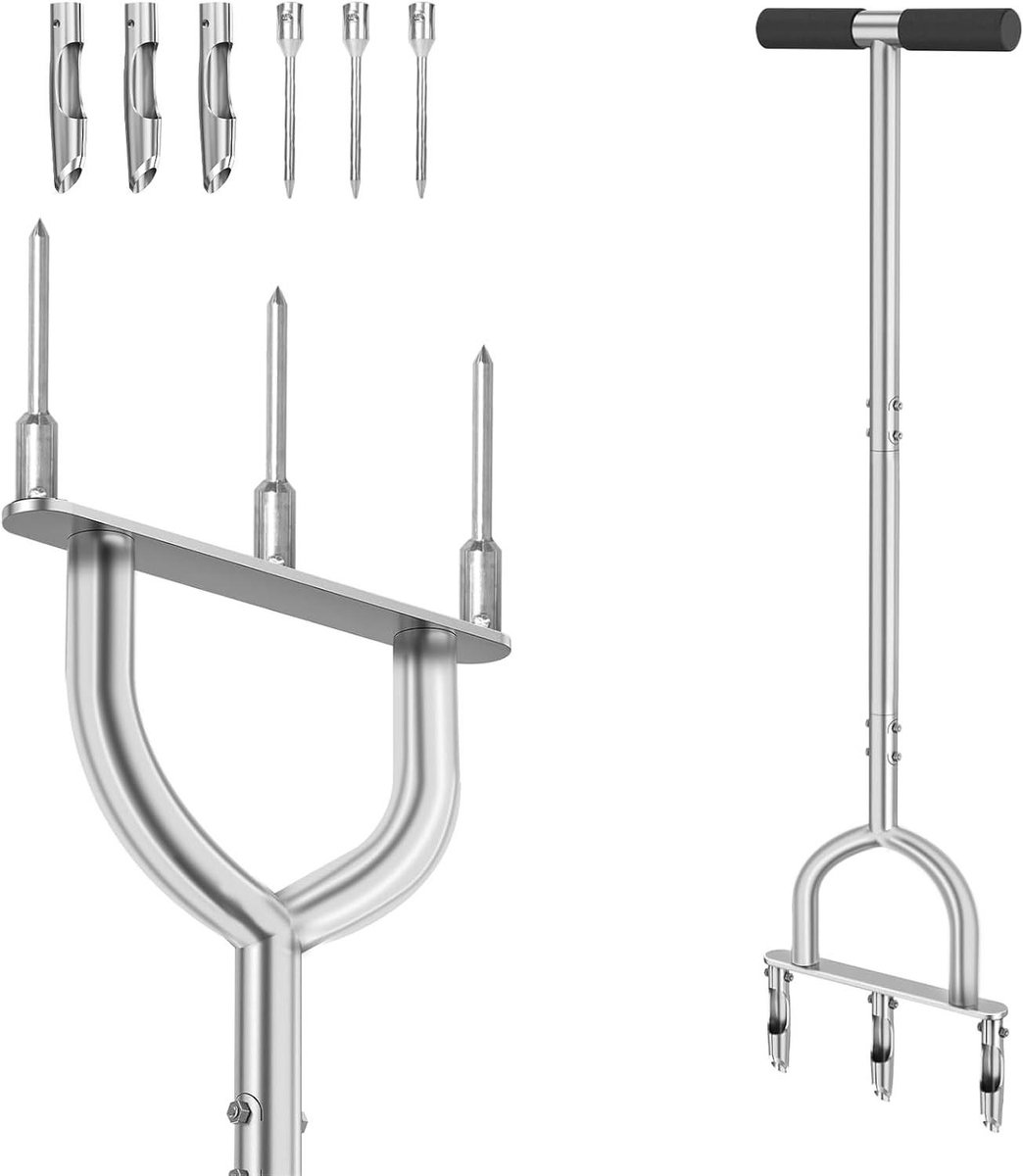 Handmatige Kernbeluchter - Gazongereedschap Bodem - Gazon Onderhoud - 2-in-1 Bodemvernieuwing - 3 Holle Tines - Zilver