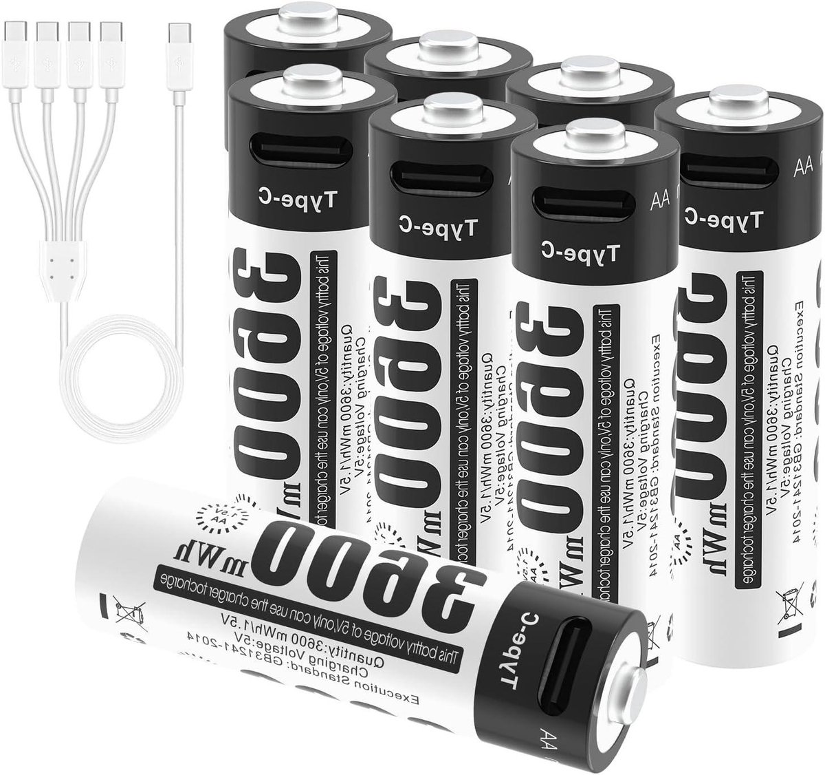 Oplaadbare AA Batterijen - Lithium Ion - Apparaten Voeden - Constante 1.5V Uitgang - 3600 mWh 8 Stuks - Zwart