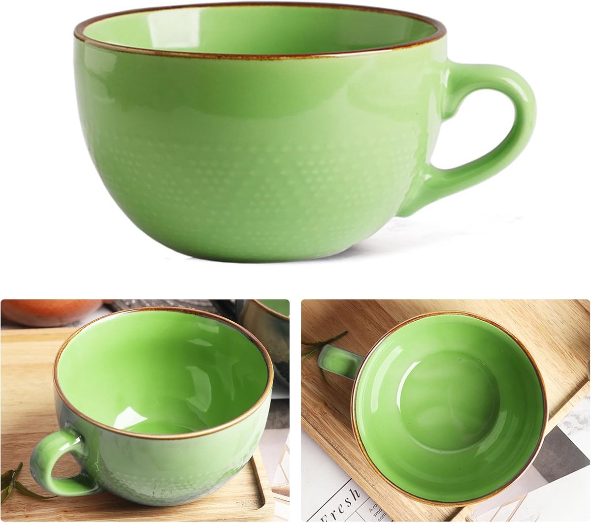 Koffiemok XXL, keramiek, 700 ml, soepkopjes met handvat, ontbijtkom, muesli, soep, pap, salade, extra grote keramische mok (700 ml, groen)
