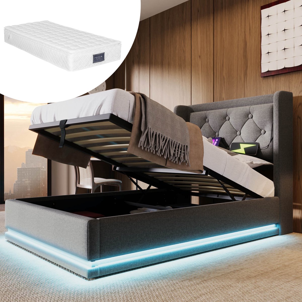 Bedframe - 90x200 Cm - Bed - Met Lattenbodem - Met Opbergruimte - LED - USB C - Grijs - Met Matras