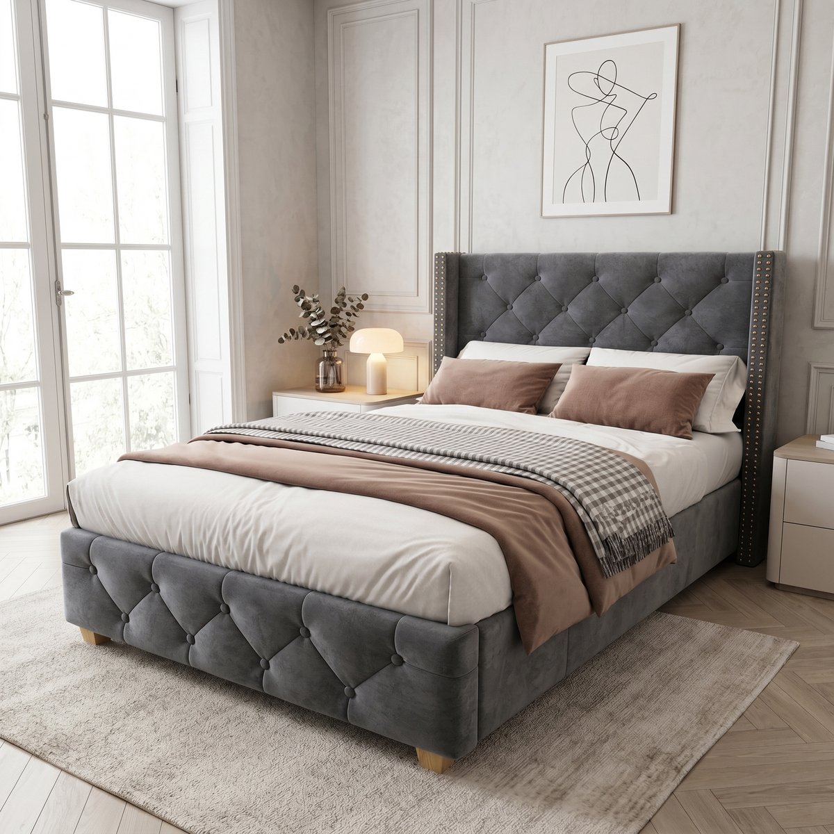 Gestoffeerd bedframe - voor matras 90 x 200 cm - grijs - met lattenbodem - afmetingen 100 x 205 x 108 cm - matras niet inbegrepen - voor de slaapkamer