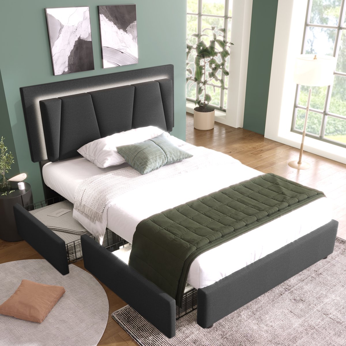 Gestoffeerd bedframe - voor matras 90 x 200 cm - grijs - met LED-verlichting en opbergruimte en lattenbodem - voor de slaapkamer