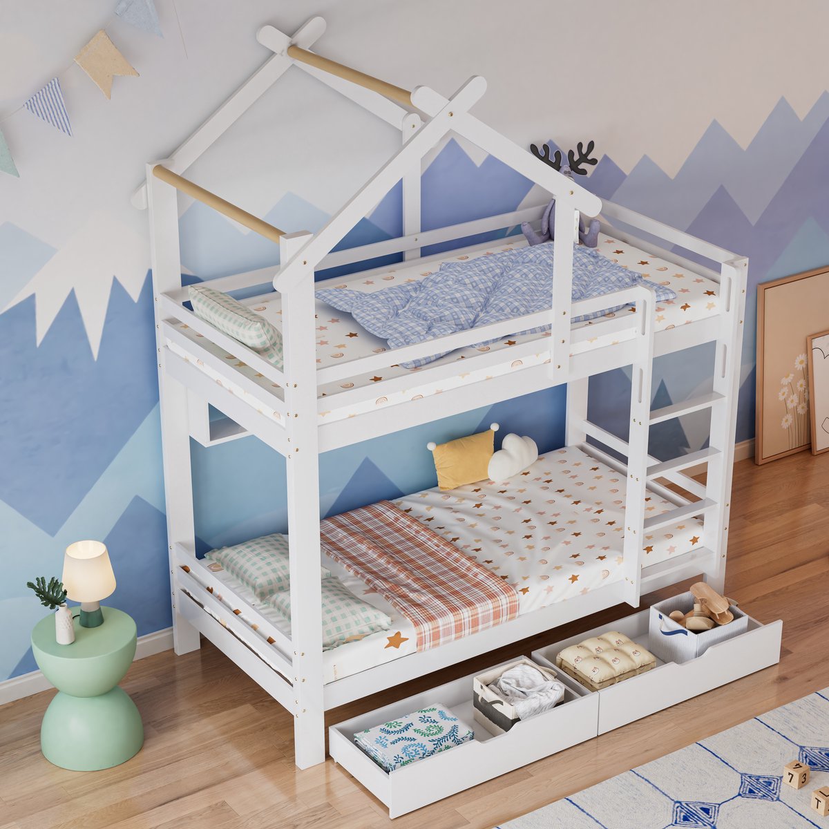 Kinderbed - voor matras 90 x 200 cm - wit - met USB-aansluiting en opbergruimte en lattenbodem - matras niet inbegrepen - voor de slaapkamer