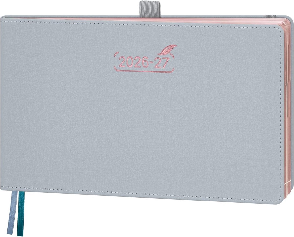 Schoolagenda 26-27 - Grijsblauw - 23 x 14 cm - PU Lederen Hardcover Boekkalender met Verticale Weekplanner - Voor Studenten en Professionals
