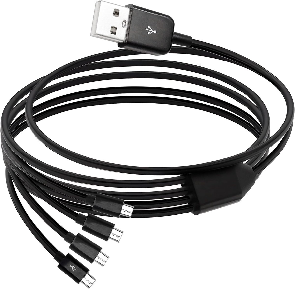 4-in-1 micro-USB-adapterkabel - Micro USB mannelijk naar 4 mannelijk oplaadkabel - splitterkabel voor powerbank, luidspreker, dashcam, 1,5 m - zwart