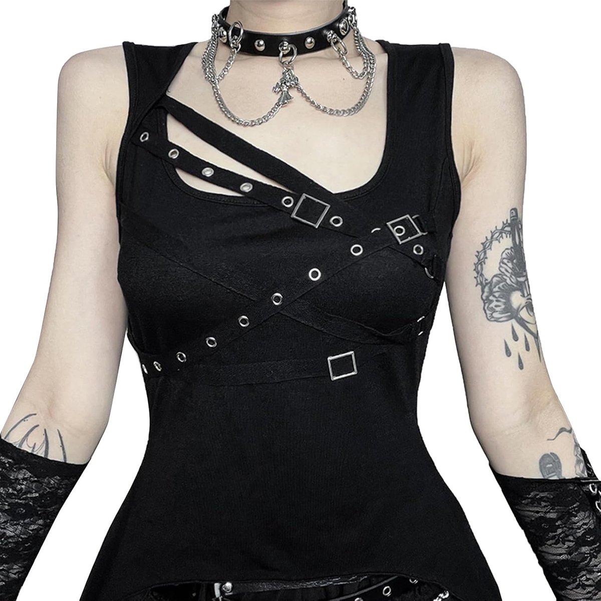 Gothic Tops voor Vrouwen Y2K Punk Vest Mock Neck Blouse Zwarte Goth Tops Zomer Hemdje Patchwork T-Shirt Kant Cami S M L