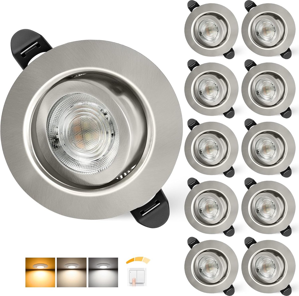 Inbouwspot 230V Dimbaar 68mm 5.5W IP44 LED Spots Ultraplatte Plafondspots 45° Draaibaar Inbouwspots Warm Wit Neutraal Wit Koudwit Inbouwspots Voor Badkamer Woonkamer, Nikkel Set Van 10
