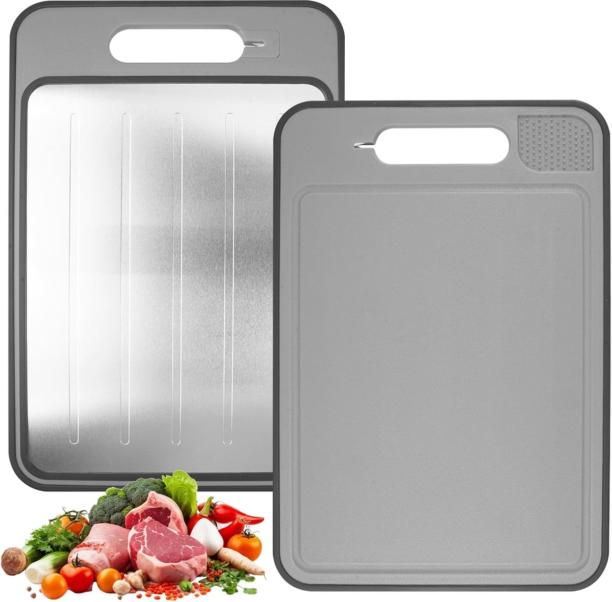 31 x 21 x 1 cm dubbelzijdige snijplank, vaatwasmachinebestendig | snijplank roestvrij staal, dubbelzijdige snijplank voor de keuken, met sapgoot en maalbereik, voor groenten, vlees
