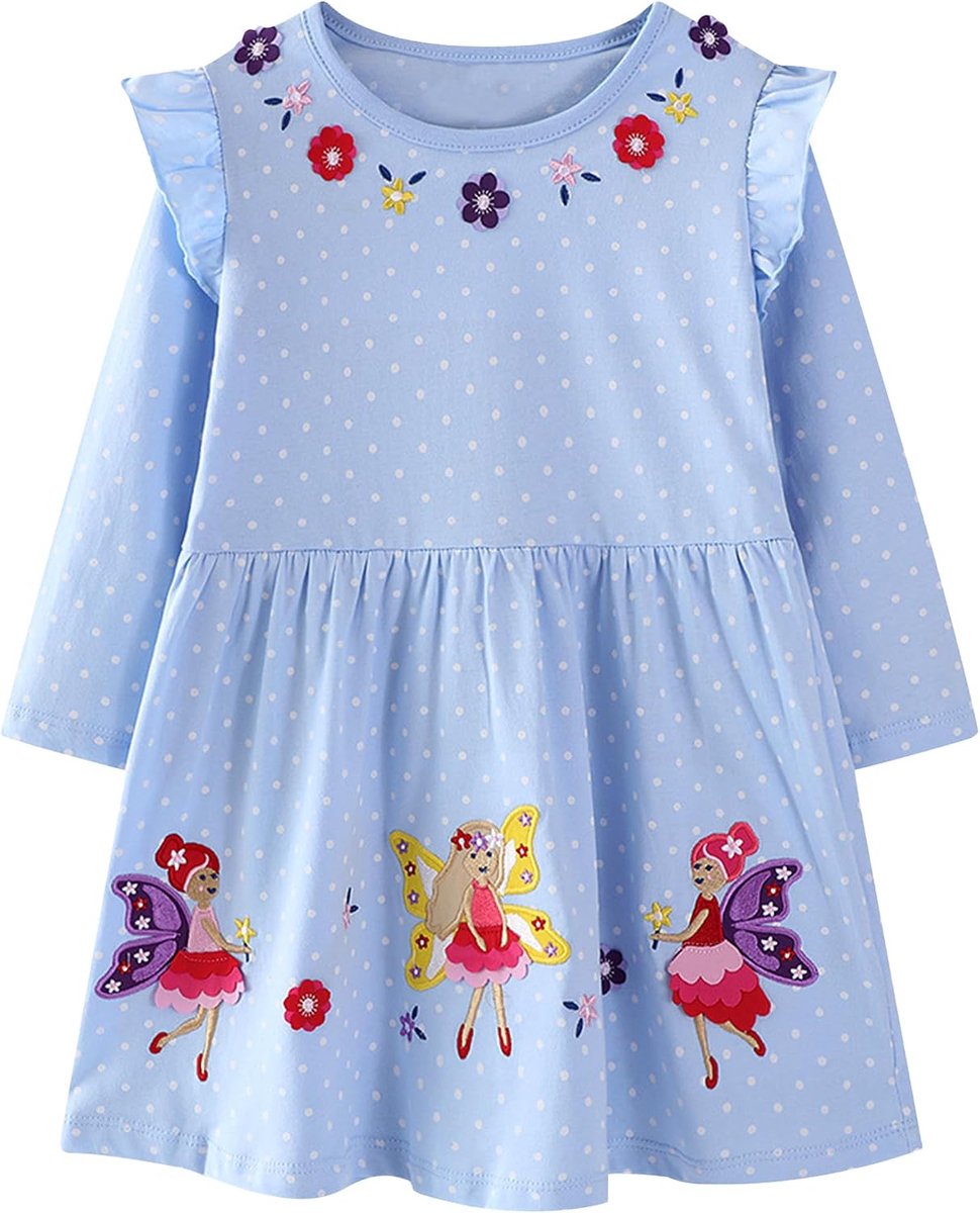 Jurken Voor Meisjes Katoenen Lange/Vliegende Mouwen Herfstjurk Zomerjurk Eenhoorn Bloemen Vlinders Aardbei Borduurwerk Kinderjurken Polka Dot Meisjes Jurk Verjaardag Kinderkleding, Maat 90-140