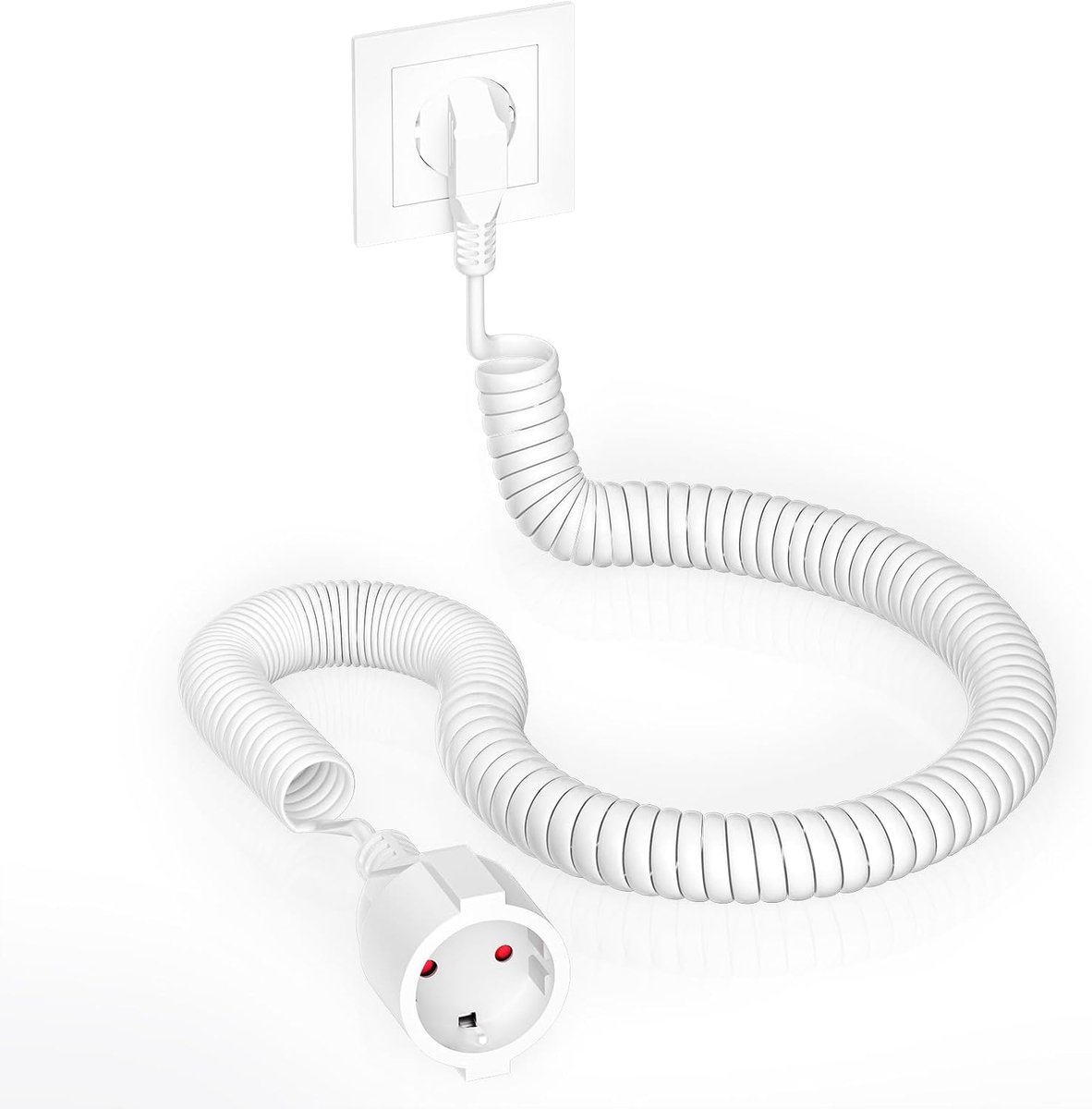 Spiraalverlenging, 1,05 m tot 5 m rekbare spiraalkabel met geaarde wikkelstekker en geaarde koppeling, (230V/16A) PVC verlengkabel, IP20, wit