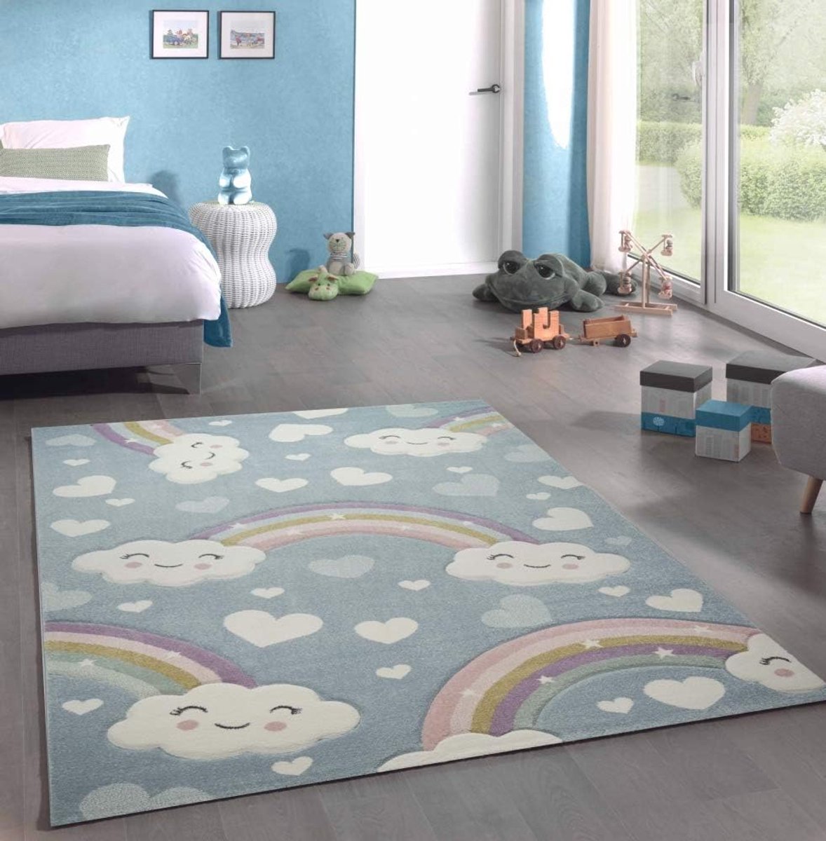 Kinderen tapijt spelen tapijt baby tapijt regenboog en wolken blauw formaat 140x200 cm