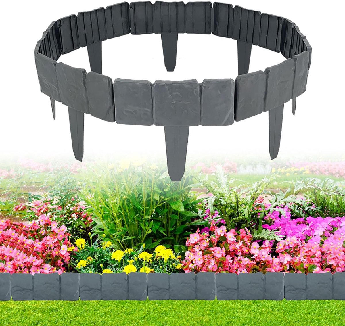 20 stuks gazonranden, grijze gazonrand, kunststof, 5 m steenlook, gazonrand om in te steken, Scandinavische villa, binnenplaats, buiten, gazondecoratie, tuinpalissade, 1 element (L x H): 25 x 23 cm