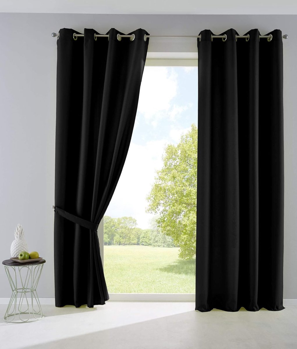 Set van 2 gordijnen, ondoorzichtig, mat, lichtdoorlatend, met oogjes en embrasses deco, H x B 175 x 140 cm, zwart, 10000265-2