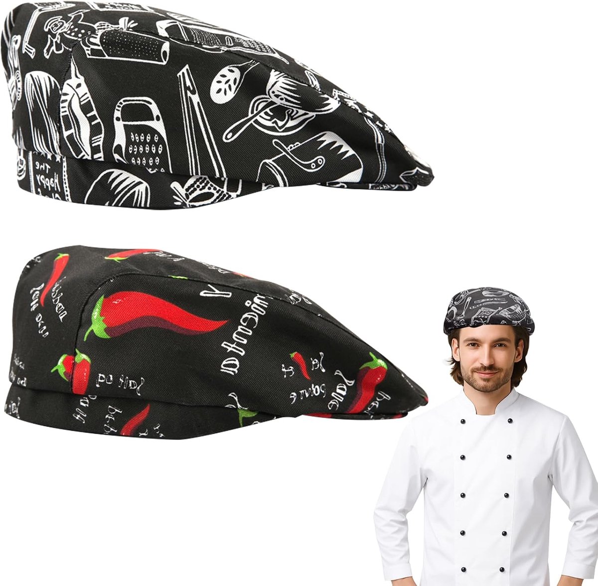 Set van 2 keukenmutsen, restaurantpet, barethoeden, keuken, werkpet voor restaurants, hotels, scholen, huishoudelijke keukens, bars