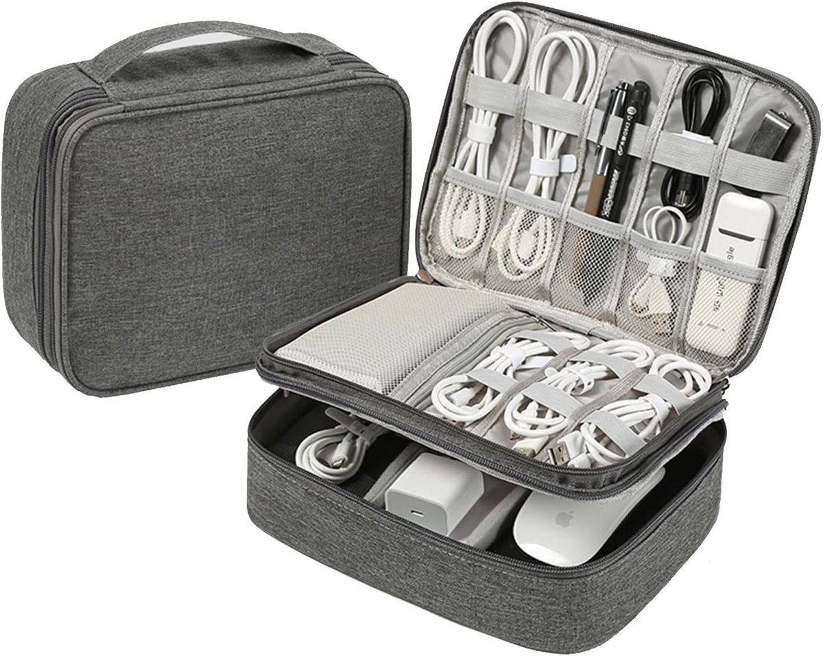 Bag, harde schijf tas, elektronisch, tas kabel waterdicht, kabelorganizer, kabeltas organizer, voor het opbergen van opladers, kabels en diverse accessoires (grijs)