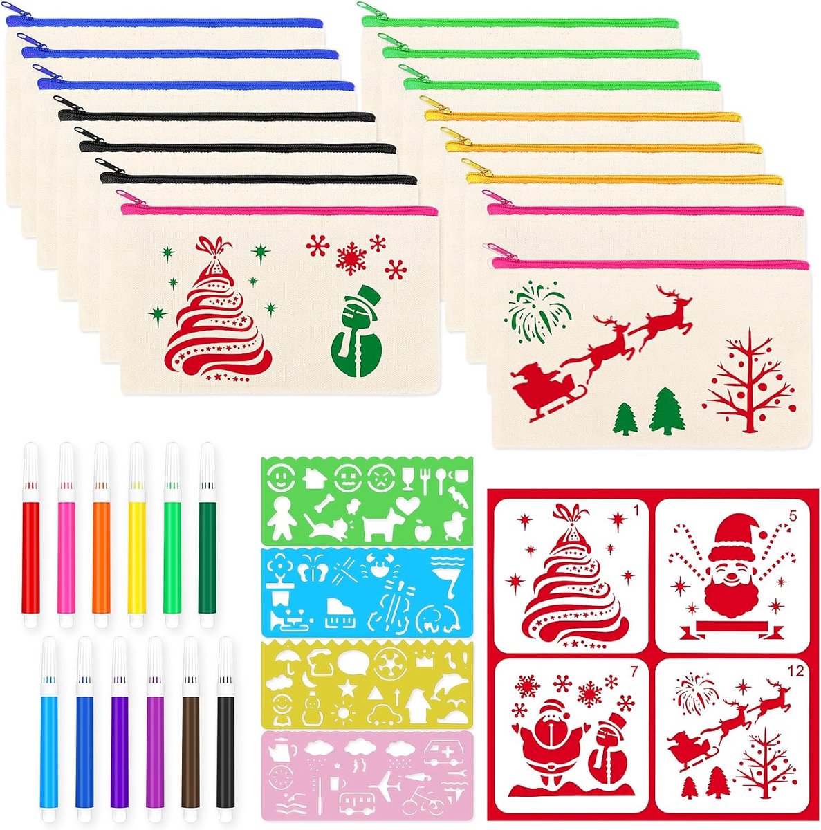 15 stuks DIY stoffen pennenetui, blanco schoolmapjes voor kinderen, canvas tassen om te beschilderen, met 12 kleurpotloden, 8 schildersjablonen voor reizen, Kerstmis, opbergen, 21 x 12 cm,