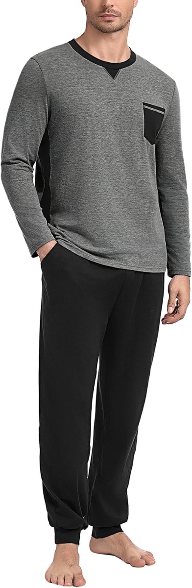 Lange pyjama voor heren, voor de winter, katoen, lange mouwen, ronde hals, contrasterende kleuren, bovendeel met manchetten, broek met zak en manchetten