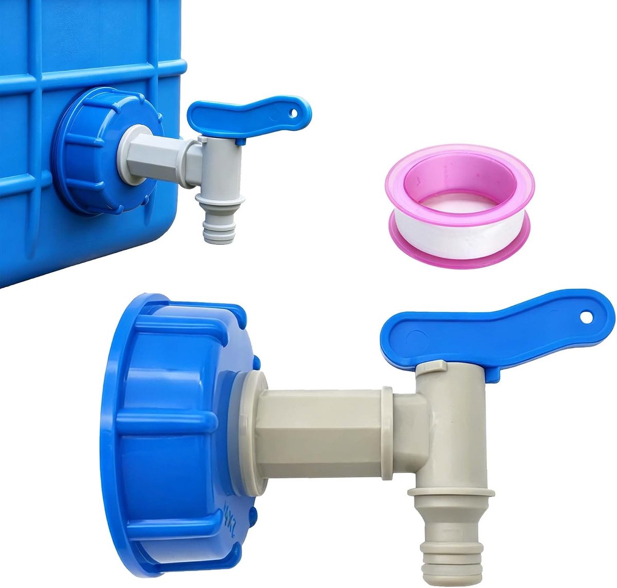 Watertankadapter, S60x6, geschikt voor IBC-tankaccessoires, container-klepkraan, uitloopnippel voor IBC, regenton, accessoires voor watertank, regenvat (blauw, 16 mm)