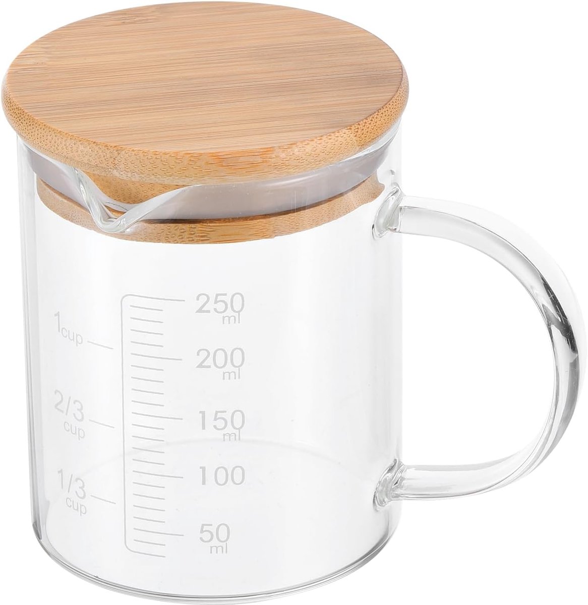 250ml Glas Maatbeker, 3.3 Borosilicaatglas Gegradeerd Wit Gedrukt Schaal Vloeibare Maatregel Cups Beker met Houten Deksel en V-vormige Uitloop voor Keuken