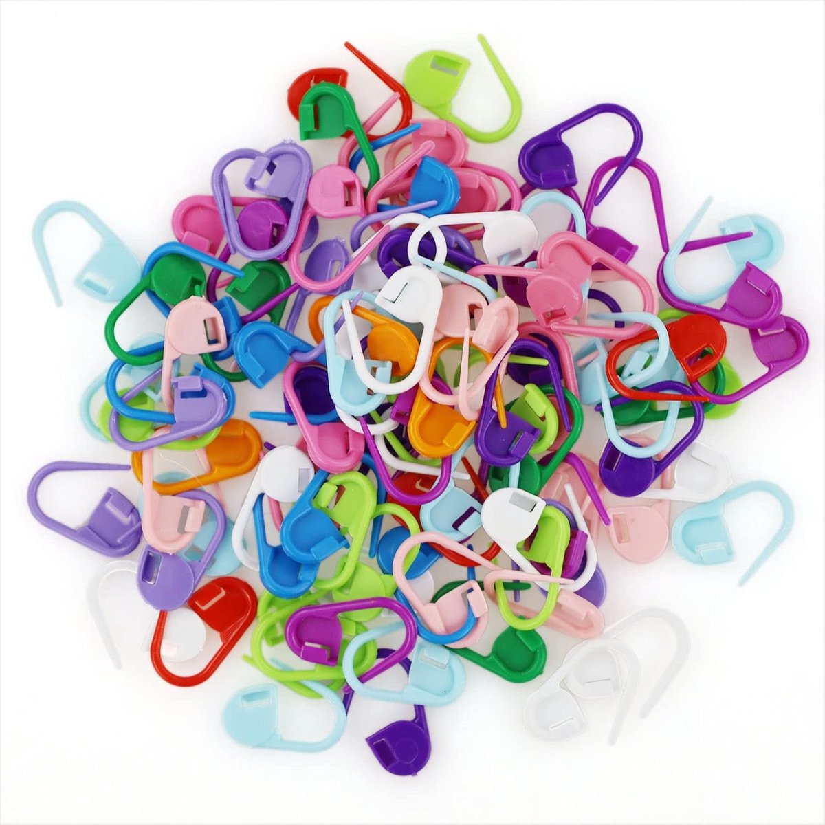 100 x afsluitbare stekenmarkers (rij markers, stekenmarkers) in verschillende kleuren, ca. 2 cm lang, materiaal: kunststof vergrendeling, maasmarkers, breinaalden, markers