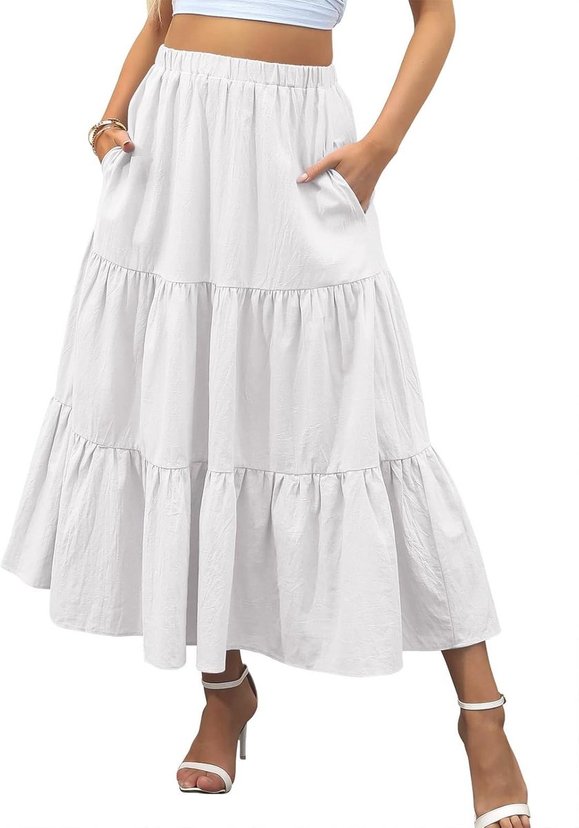 Rok voor dames, lange rok met hoge taille, zomer, maxirok, elegant, A-lijn, lange rok, casual, elastische rok met zakken, S-XXL