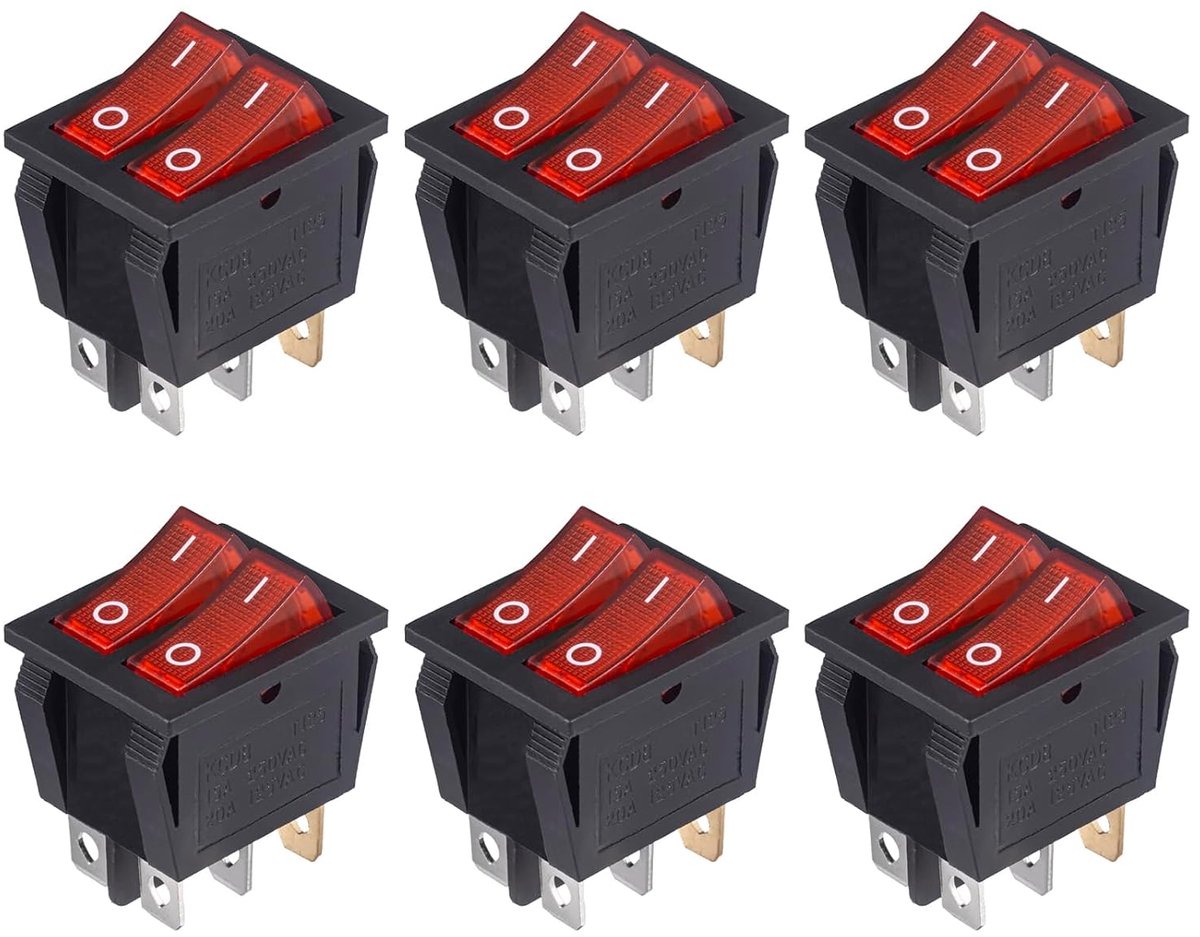 Dubbele schakelaar, tuimelschakelaar, 6-polig, 15 A, 250 VAC, 20 A, 125 VAC, dubbele lichtschakelaar, dubbel rood licht, tuimelschakelaar, SPST, knopschakelaar, 6 pins, aan/uit