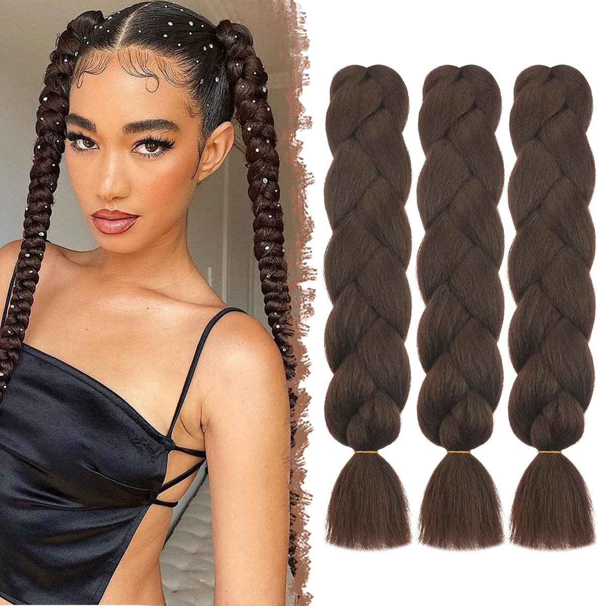 Haarextensies Vlechten 3 PCS Jumbo Vlecht Haak Synthetische Kanekalon Vlechten haar Extensions voor Twist Crochet Braids, 60cm Zwart Bruin