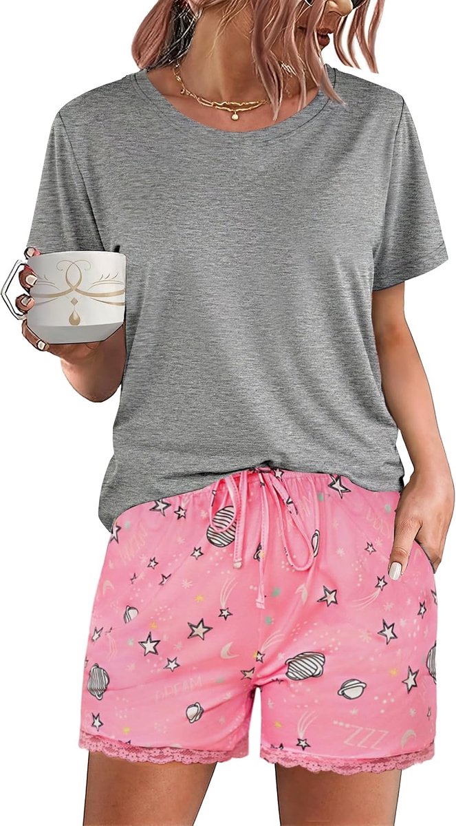 Pyjamaset voor dames, katoen, korte mouwen, bedrukt, ronde hals, 2-delig, zacht