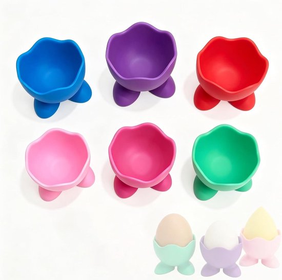 6-delige eierdopjeset voor kinderen met decoratief dienblad, ideale eierhouders voor ontbijt en paasdecoratie, perfect als geschenk voor Pasen.