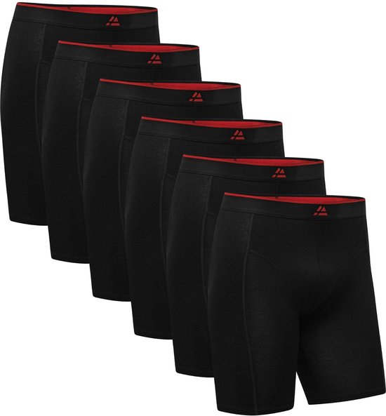 Zes zwarte boxershorts van bamboeviscose met een rode tailleband met rode logo's.