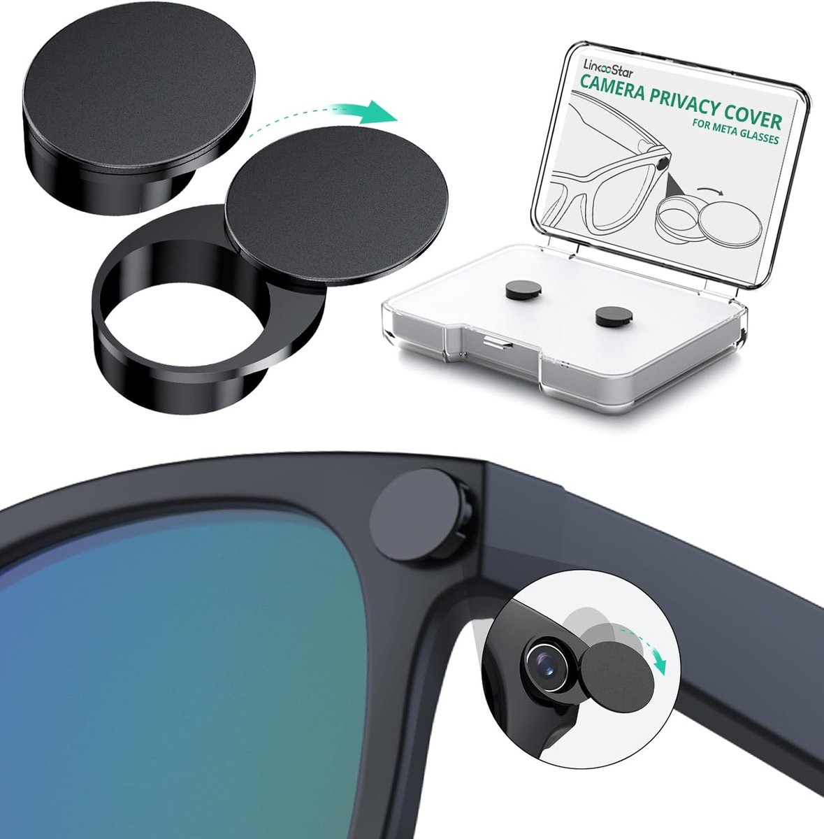 180° draaibare webcamhoes voor Ray-Ban Meta Gen 2 [2 stuks] - plastic Meta brillen lichtkap blokkeert 85% LED-licht voor Wayfarer - Skyler - Headliner & Oakley HSTN AI Meta brillen accessoires [Zwart]