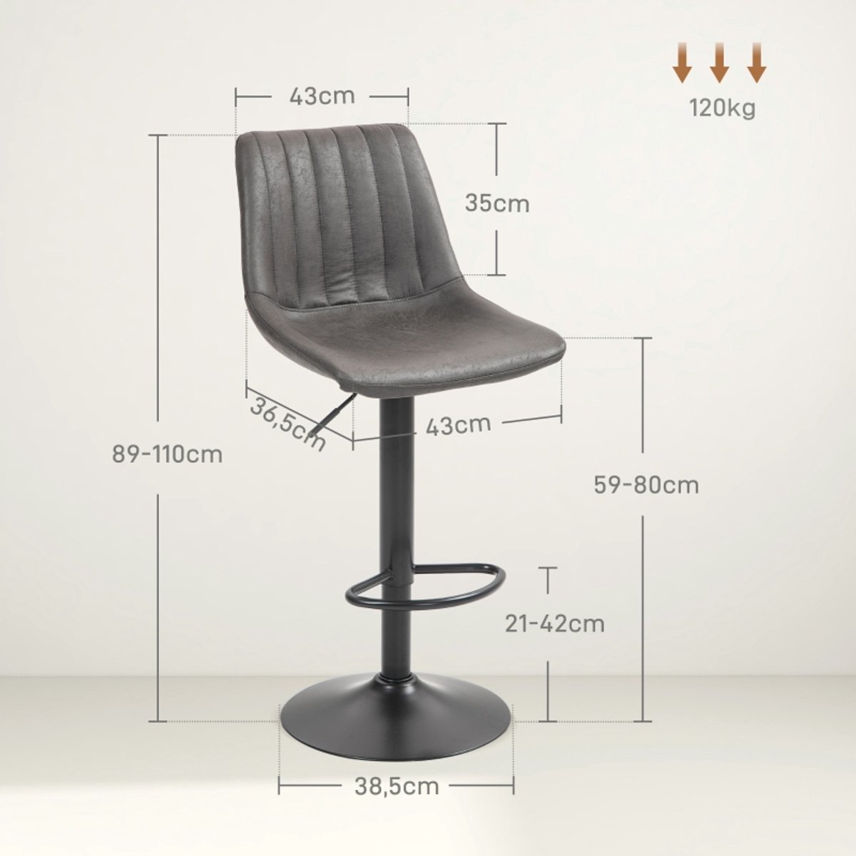 COVREO Barkruk set van 2 43x46,5x89-110 cm donkergrijs metaal, hoogteverstelbaar