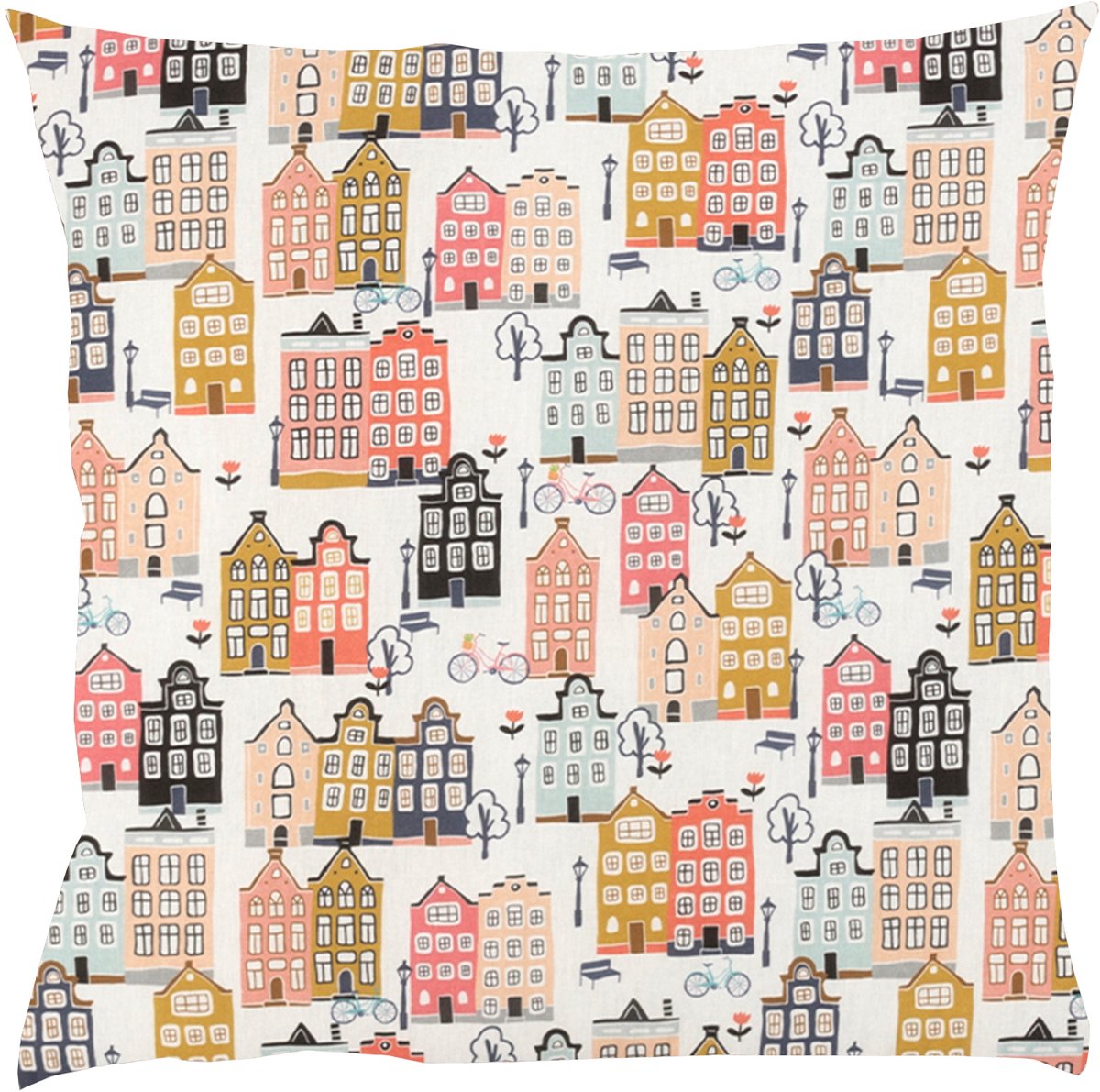 BINK Bedding Sierkussen Adam 50 x 50 cm - inclusief vulling - print met huisjes - Hollandse huisjes - ecru - roze - peach - blue - grijs - mosterdgeel