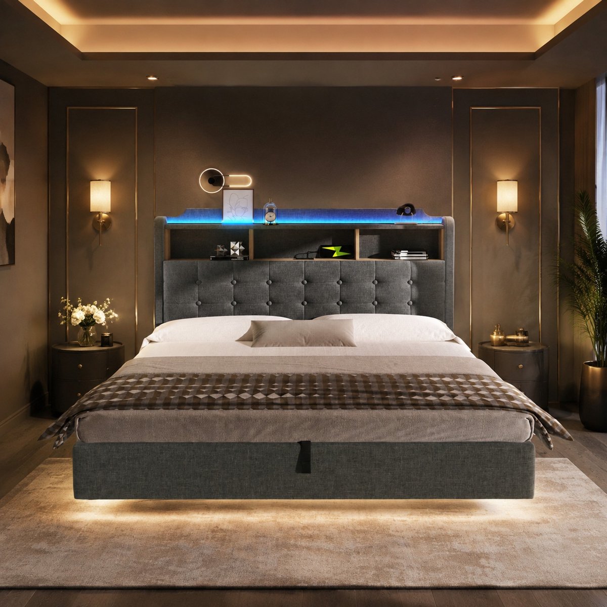COVREO Bed 180x200 cm grijs, MDF en stof, met LED en opbergruimte