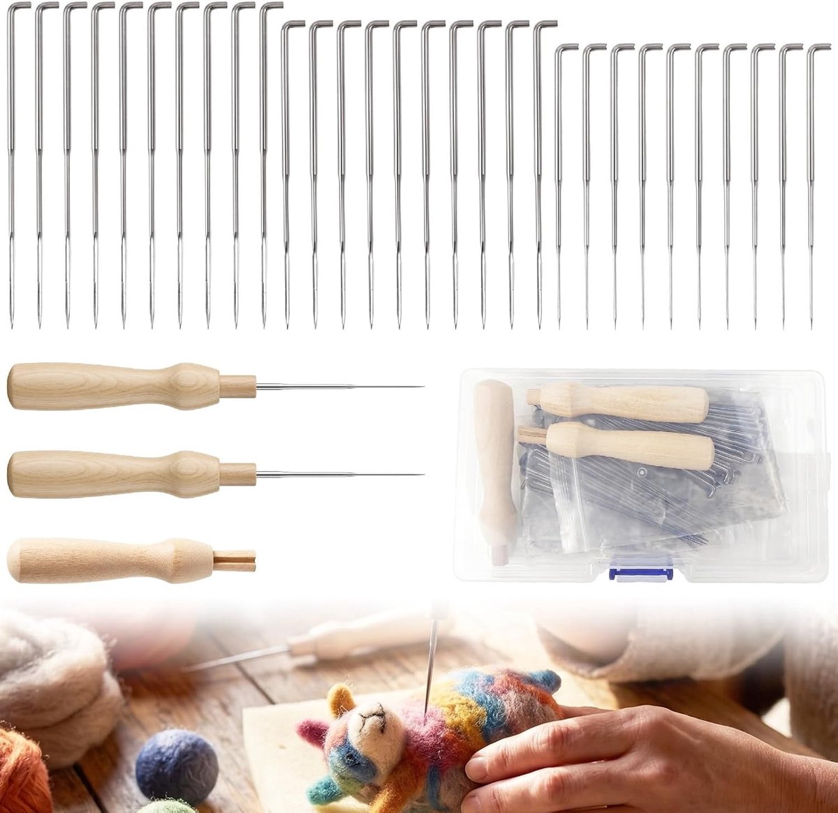 Droogvilt Set - Zilver - 100 Stuks - Met Houten Handgrepen en Viltnaalden in 3 Maten - Voor Beginnende en Ervaren Viltmakers