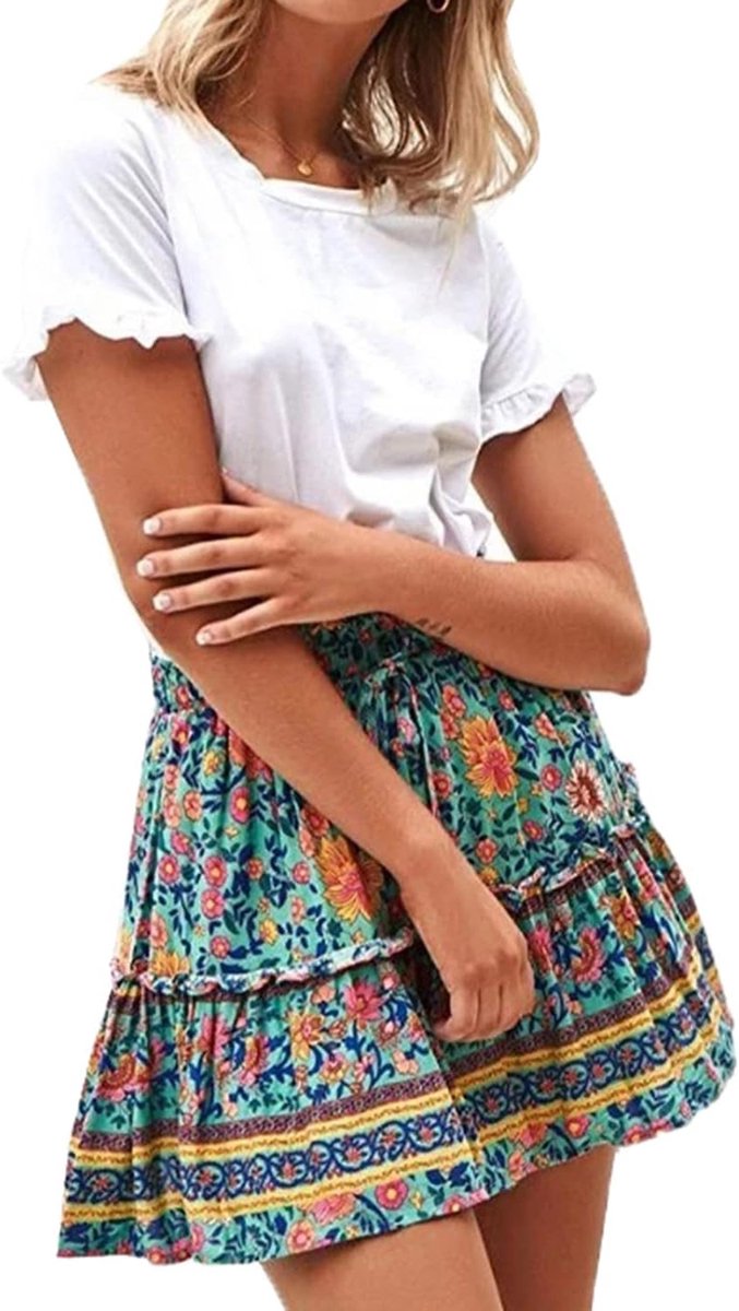 Womens Meisjes Bloemen Uitlopende Korte Rok Leuke Hoge Taille Ruche Rok Strand Mini Rok