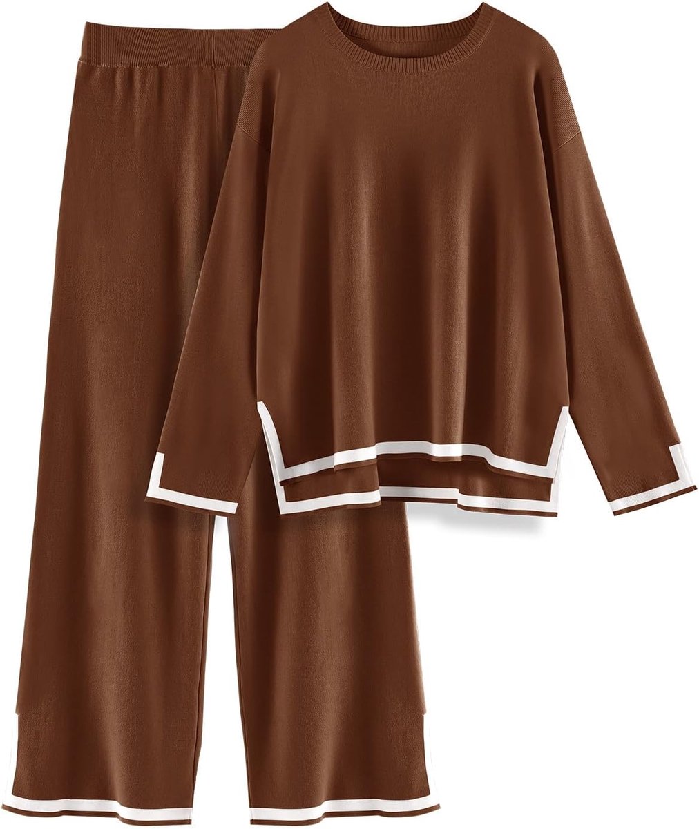 Winterset voor dames, chique en elegant, gebreid, 2-delig, binnen, casual, lang, ademend en comfortabel, tweedelige gebreide top en broek, brede loungeset