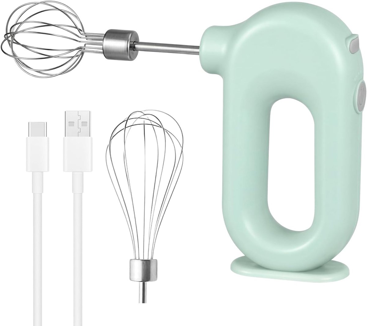 Handmixer, elektrisch, mini-handmixer met 4 standen en 2 garde, elektromixer, USB-oplaadbaar, elektrische mixer, ei-hamer voor bakken, room, cake, meer en pudding, groen