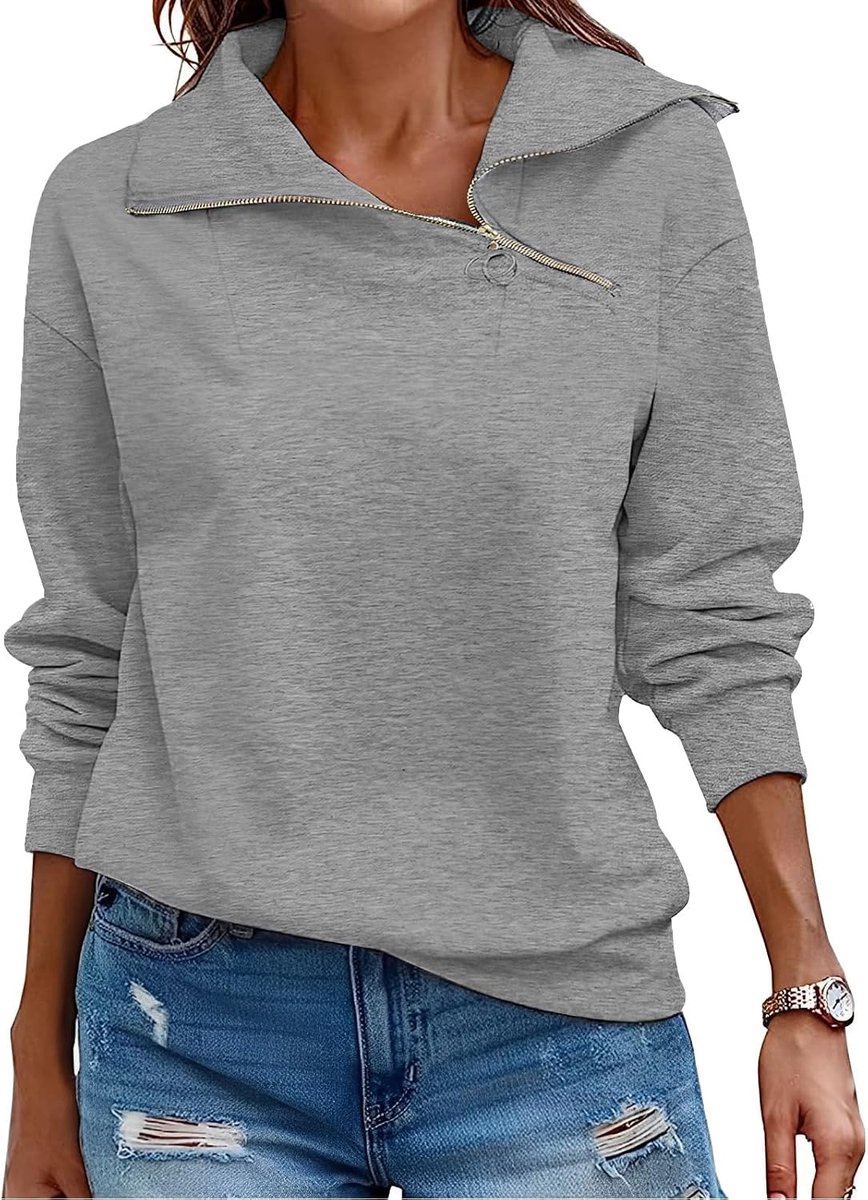 Pullover Dames Sweatshirt Herfst Kwart Ritssluiting Lange Mouwen Staande Kraag Pullover Losse Effen Casual Tops Dames | herfst, winter, lente, opstaande kraag, V-hals, casual, elegant, ritssluiting, pure kleur, basic, mode, klassiekers