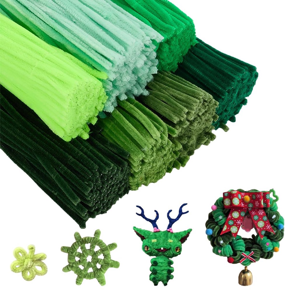 Set van 700 pijpenreinigers uit de groene serie, 7 kleuren, harige fluwelen staafjes, 30 cm lang, voor kunstprojecten, chenille-stelen van fluweel, harige fluwelen staafjes
