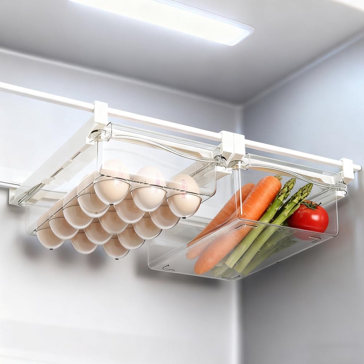2 stuks, koelkastorganizerset en koelkastorganizer, set lade, praktische keukenorganizer voor eieropslag en opbergdozen (ei + groenten)